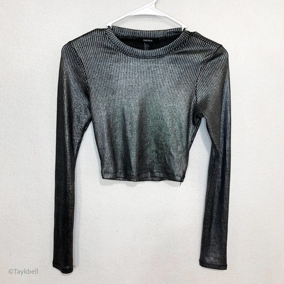 Forever 21 Metallic Silver Gray Long Sleeve Crop S - Picture 7 of 10